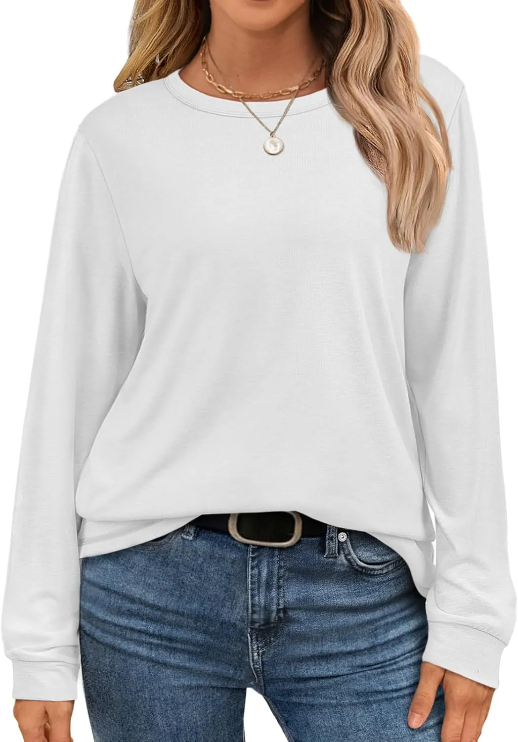 ATHMILE Women's Long Sleeve Shirts Casual Loose Fit Tees Solid Color Oversized Basic Tops Business Casual Outfits
