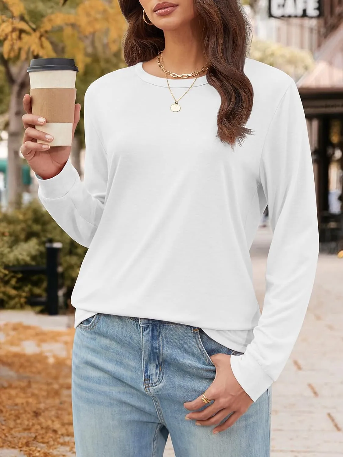 ATHMILE Women's Long Sleeve Shirts Casual Loose Fit Tees Solid Color Oversized Basic Tops Business Casual Outfits