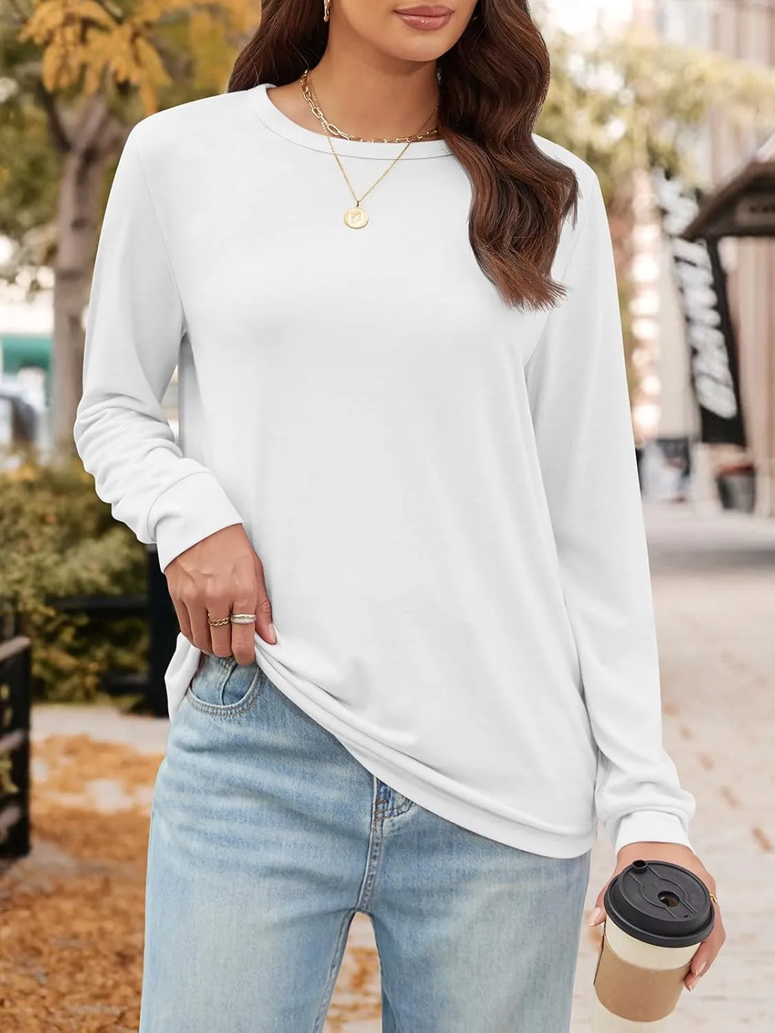 ATHMILE Women's Long Sleeve Shirts Casual Loose Fit Tees Solid Color Oversized Basic Tops Business Casual Outfits