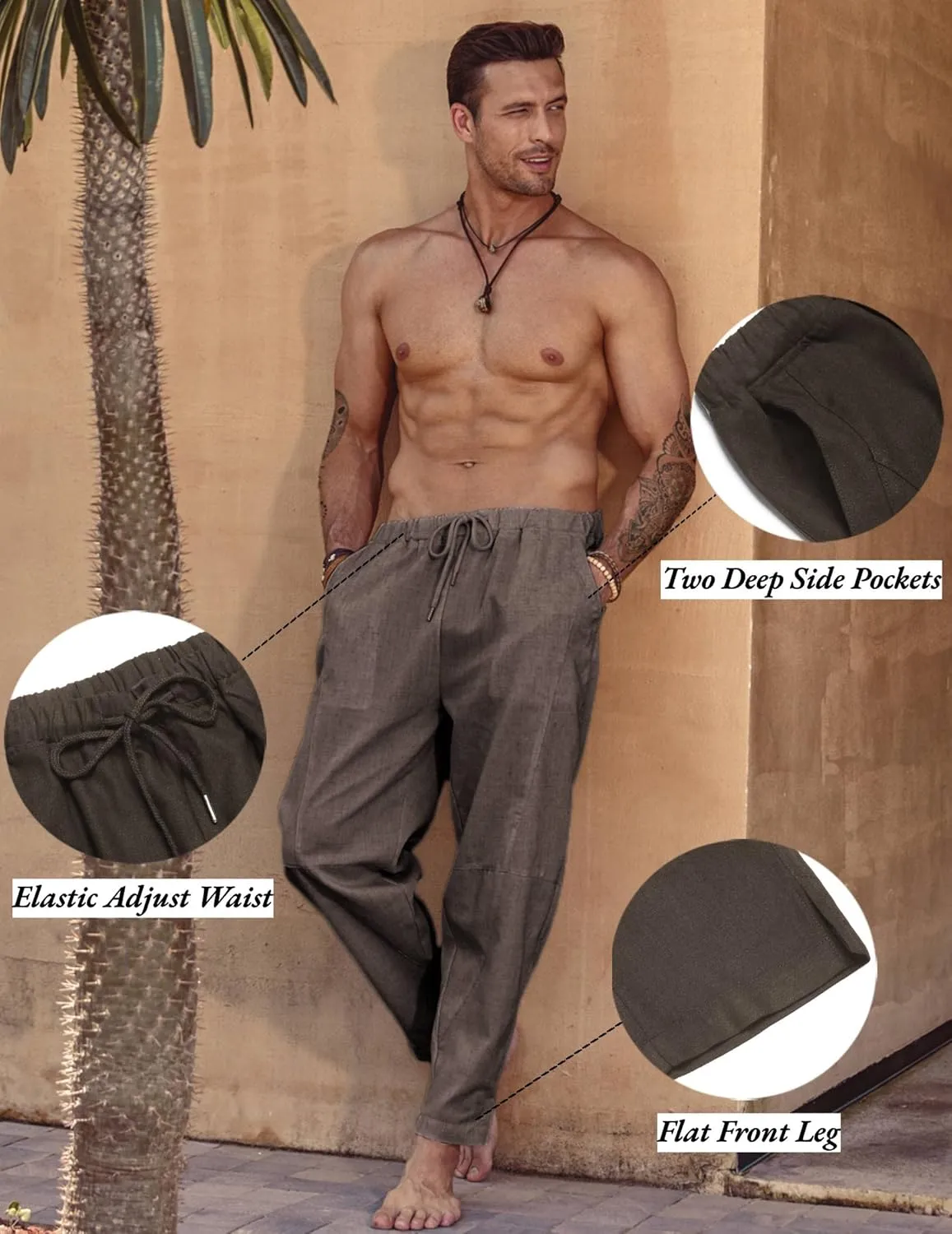 COOFANDY Men's Linen Harem Drawstring Pants Casual Elastic Waist Lightweight Trouser Hippie Summer Beach Yoga Pants