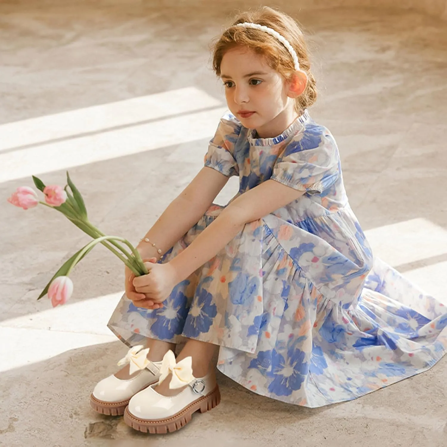 Dress Shoes for Girls Bow Flower Girl Mary Jane Flats Little Girl Dress Shoes for Wedding, Party, Birthday