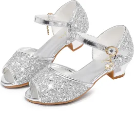 Furdeour Sparkly Girls Dress Shoes Princess Shoes High Heels Peep Toe Low Heel Glitter Toddler Big Kid Wedding Party