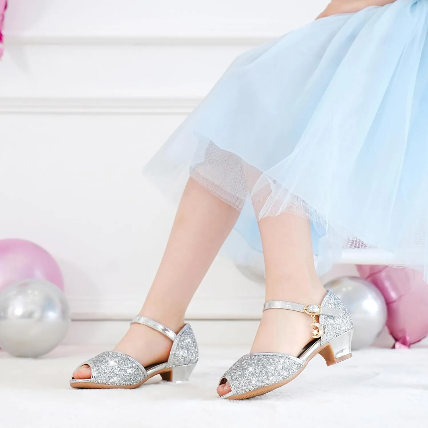Furdeour Sparkly Girls Dress Shoes Princess Shoes High Heels Peep Toe Low Heel Glitter Toddler Big Kid Wedding Party