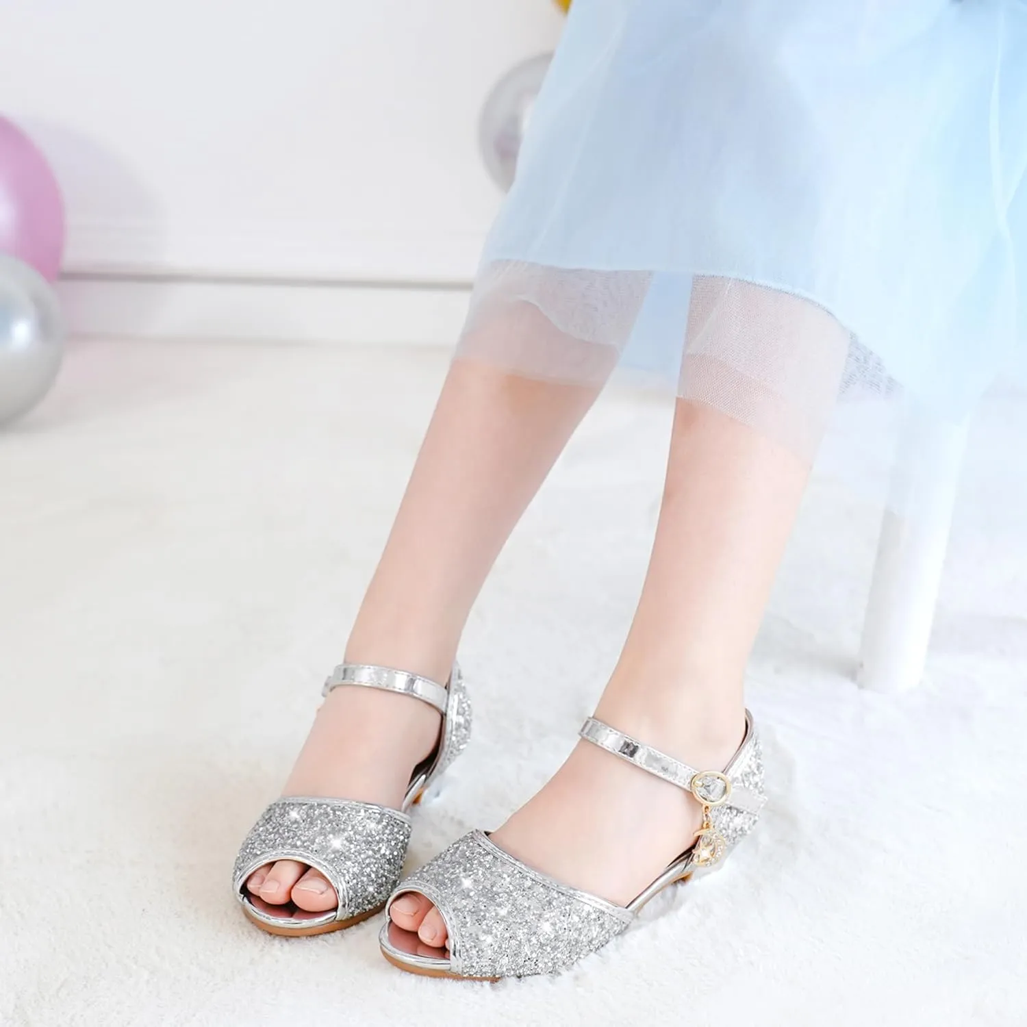 Furdeour Sparkly Girls Dress Shoes Princess Shoes High Heels Peep Toe Low Heel Glitter Toddler Big Kid Wedding Party