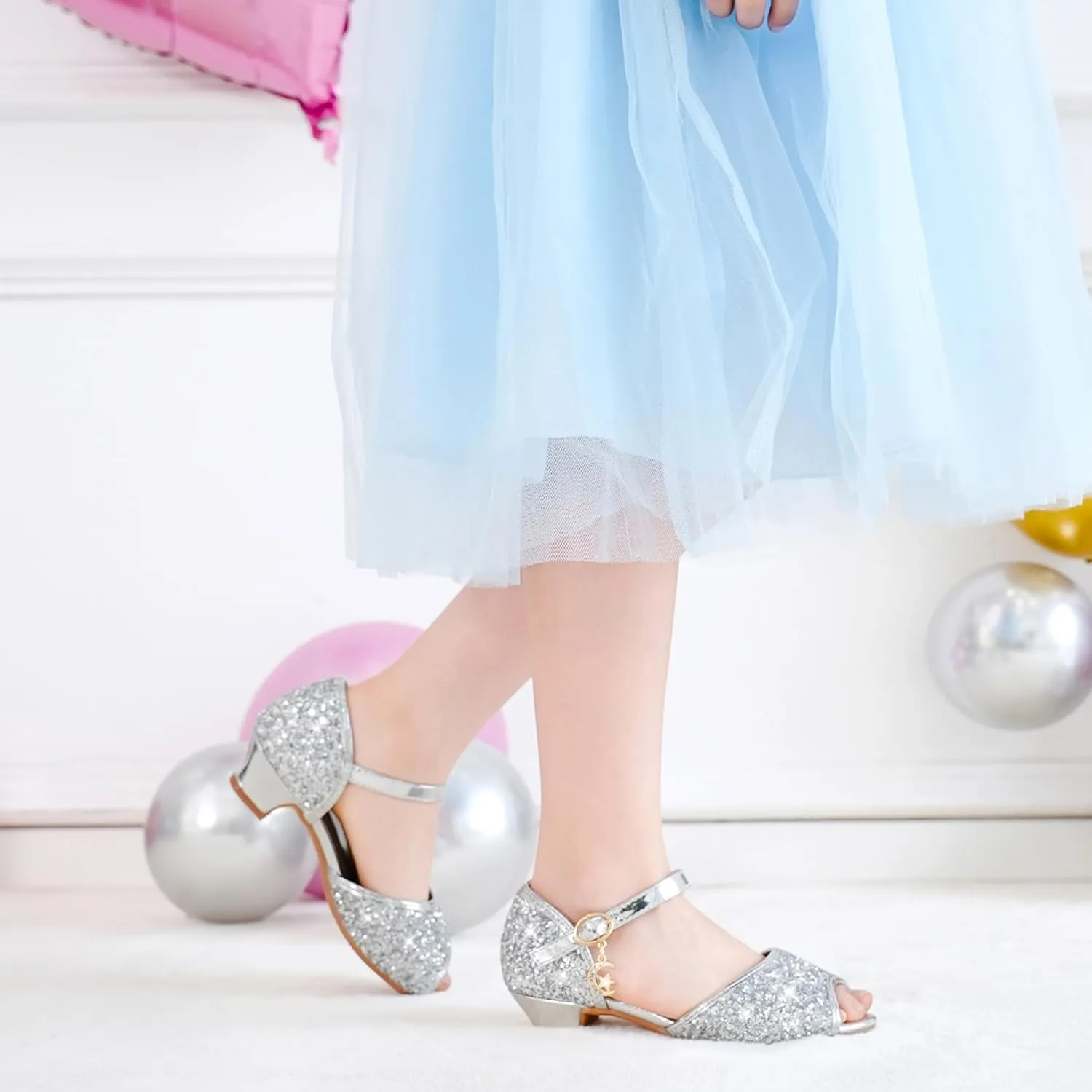Furdeour Sparkly Girls Dress Shoes Princess Shoes High Heels Peep Toe Low Heel Glitter Toddler Big Kid Wedding Party