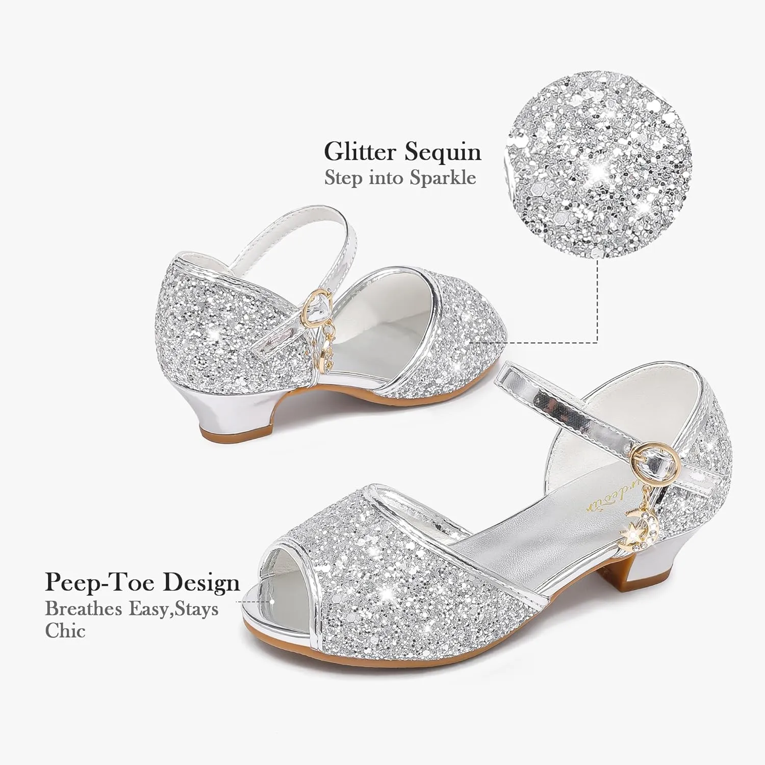 Furdeour Sparkly Girls Dress Shoes Princess Shoes High Heels Peep Toe Low Heel Glitter Toddler Big Kid Wedding Party
