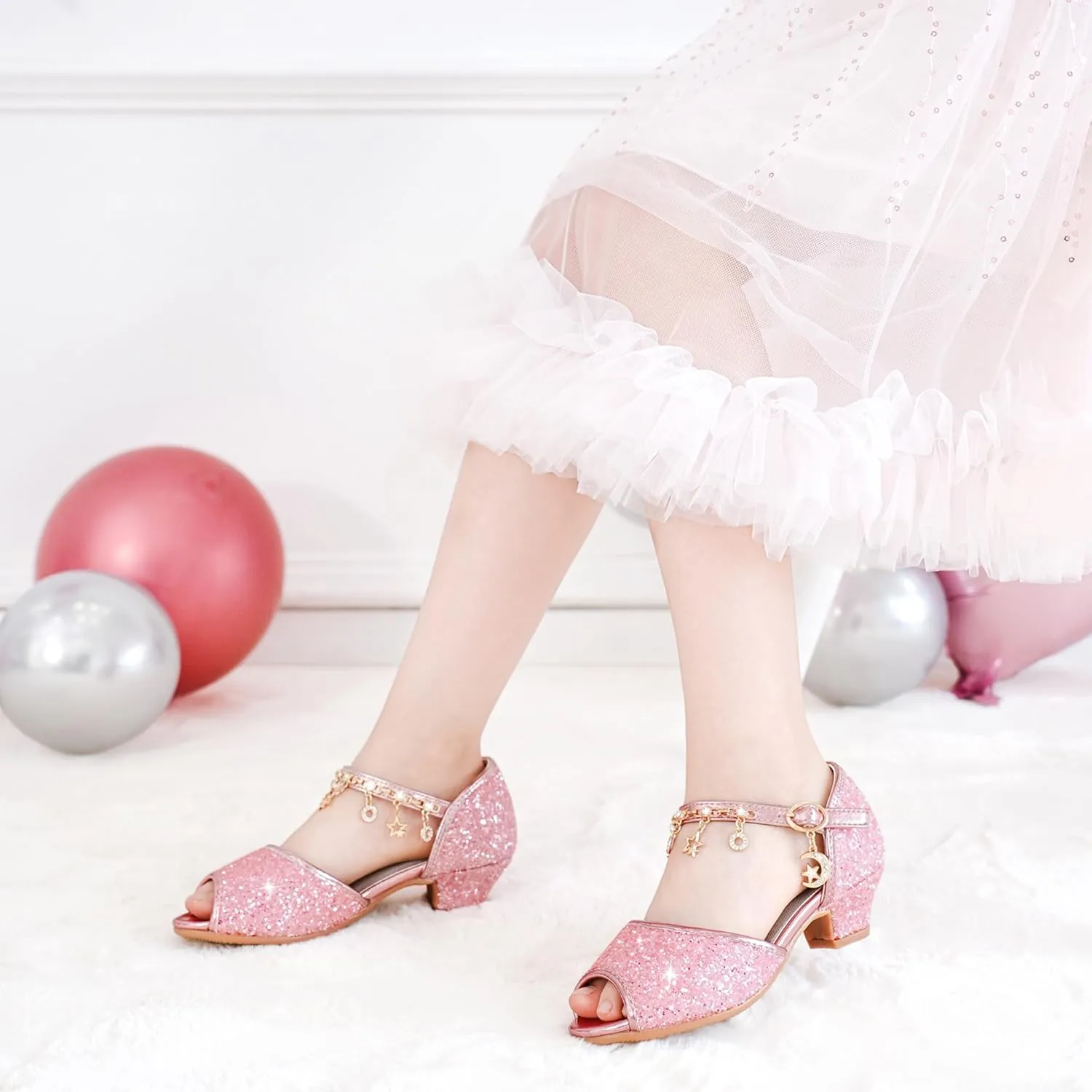 Furdeour Sparkly Girls Dress Shoes Princess Shoes High Heels Peep Toe Low Heel Glitter Toddler Big Kid Wedding Party