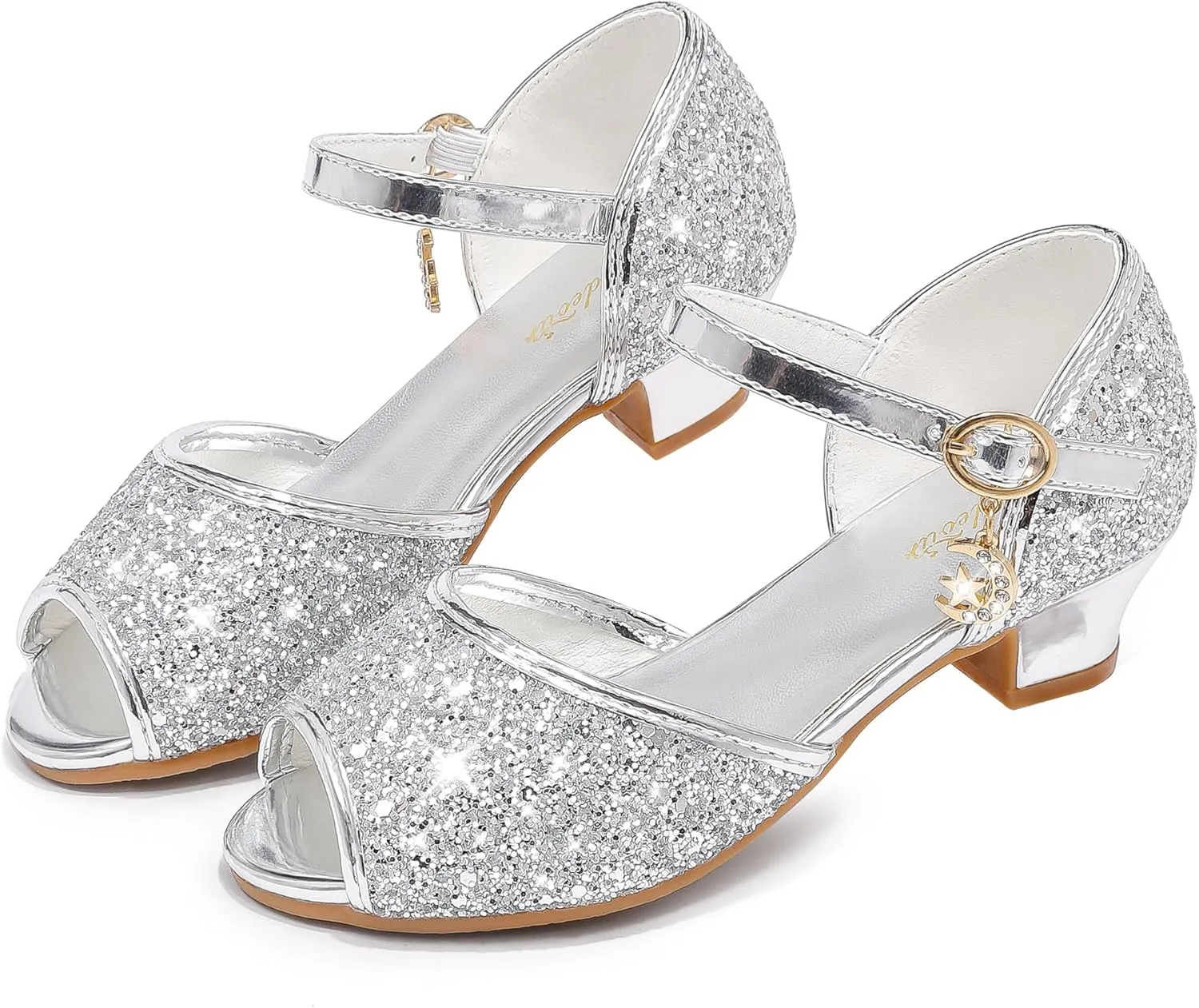 Furdeour Sparkly Girls Dress Shoes Princess Shoes High Heels Peep Toe Low Heel Glitter Toddler Big Kid Wedding Party