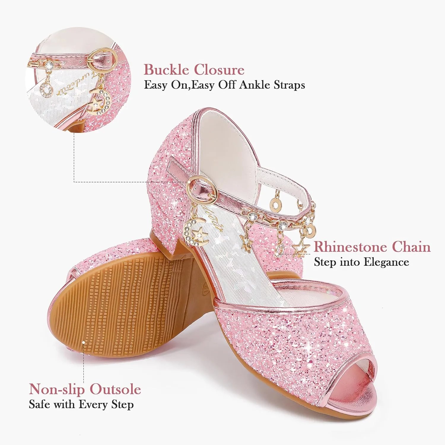 Furdeour Sparkly Girls Dress Shoes Princess Shoes High Heels Peep Toe Low Heel Glitter Toddler Big Kid Wedding Party