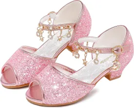 Furdeour Sparkly Girls Dress Shoes Princess Shoes High Heels Peep Toe Low Heel Glitter Toddler Big Kid Wedding Party