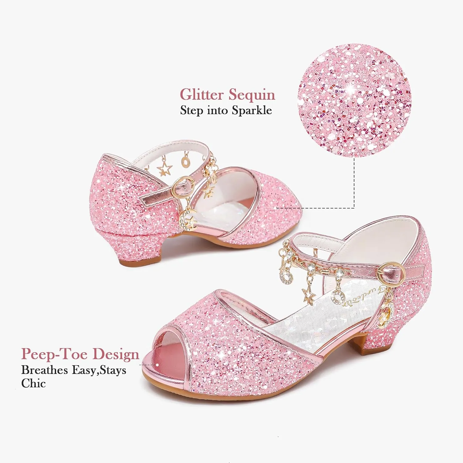 Furdeour Sparkly Girls Dress Shoes Princess Shoes High Heels Peep Toe Low Heel Glitter Toddler Big Kid Wedding Party