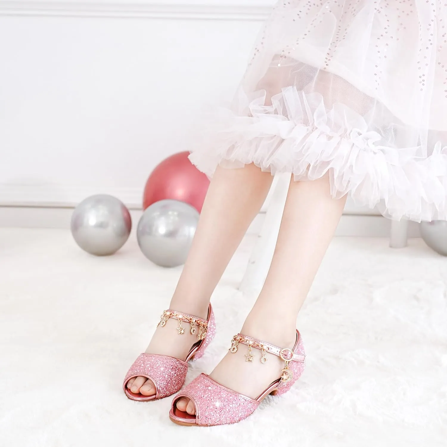 Furdeour Sparkly Girls Dress Shoes Princess Shoes High Heels Peep Toe Low Heel Glitter Toddler Big Kid Wedding Party