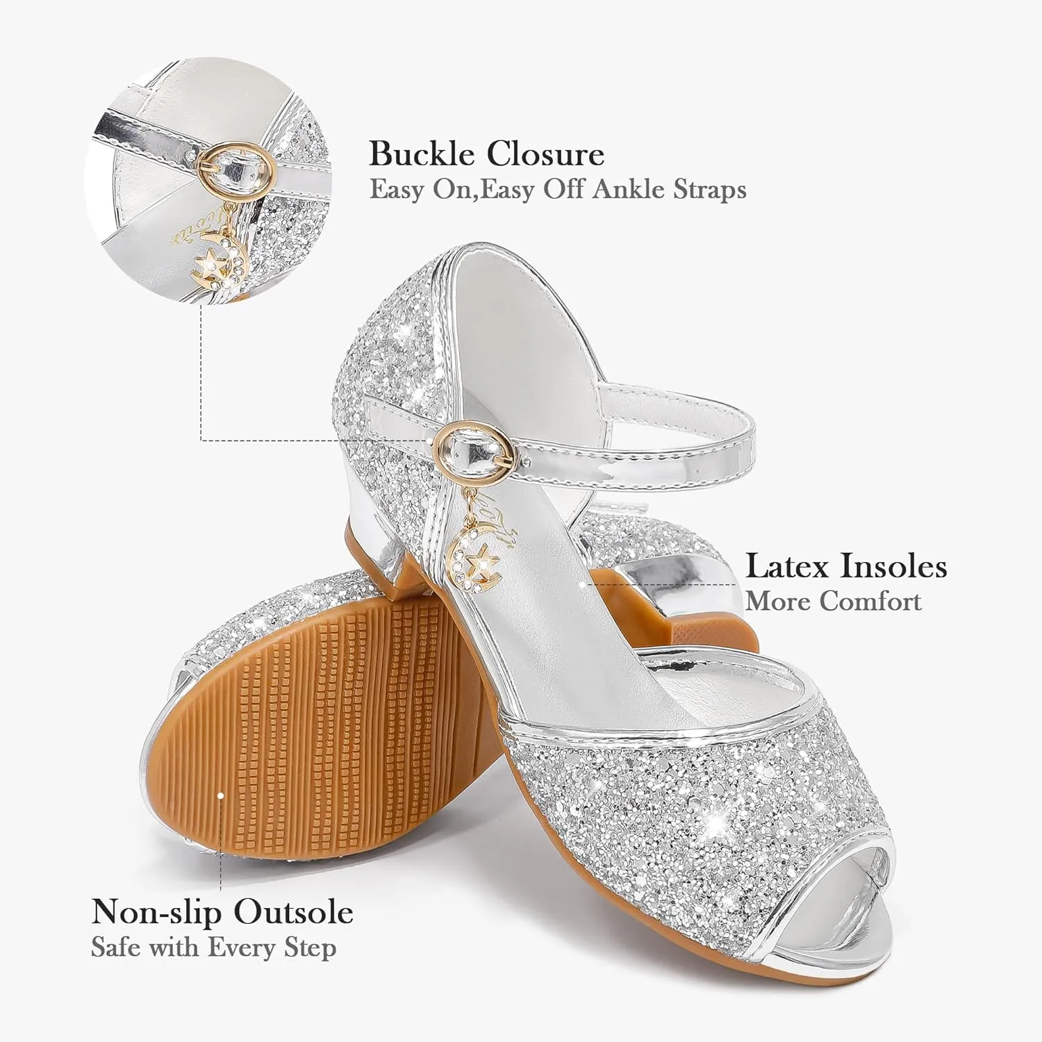 Furdeour Sparkly Girls Dress Shoes Princess Shoes High Heels Peep Toe Low Heel Glitter Toddler Big Kid Wedding Party