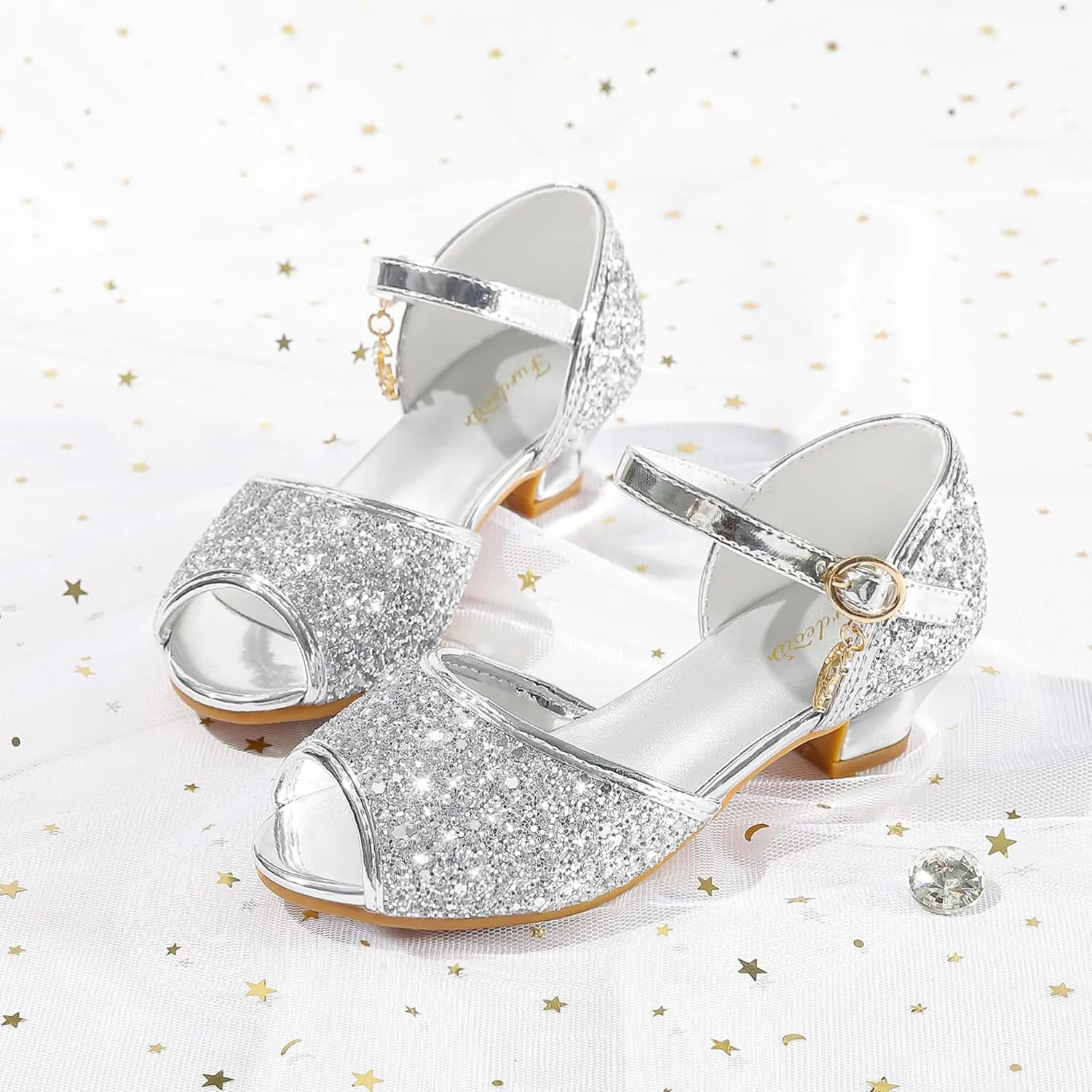 Furdeour Sparkly Girls Dress Shoes Princess Shoes High Heels Peep Toe Low Heel Glitter Toddler Big Kid Wedding Party