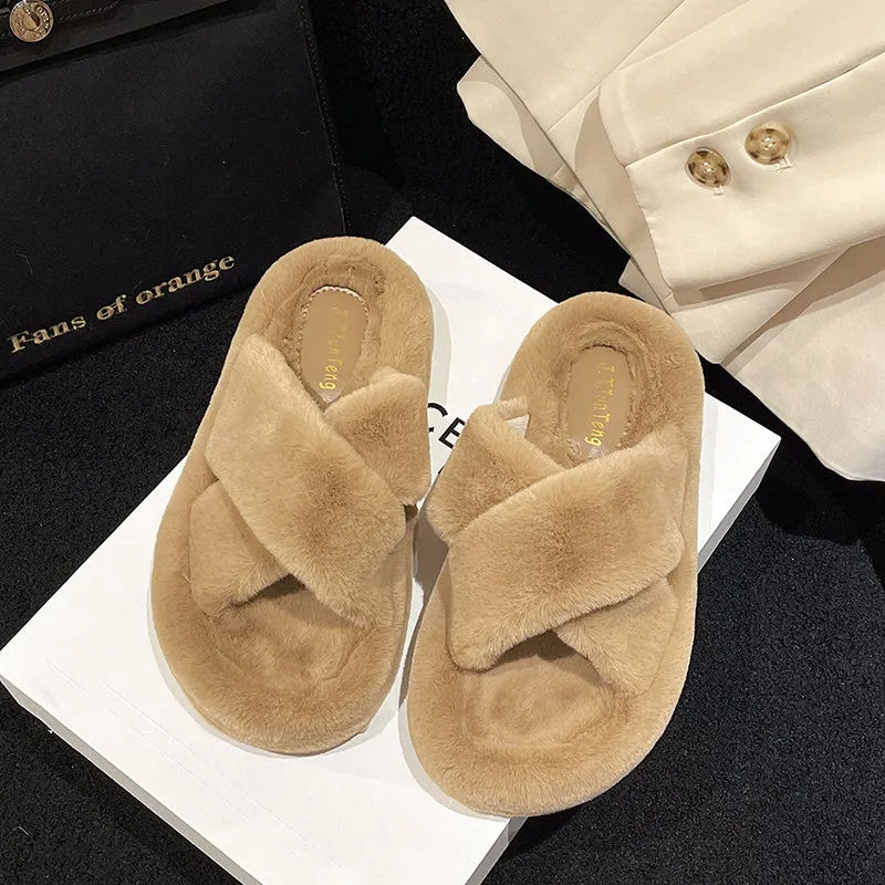 Non-slip Thick-sole Crossover Fuzzy Slippers