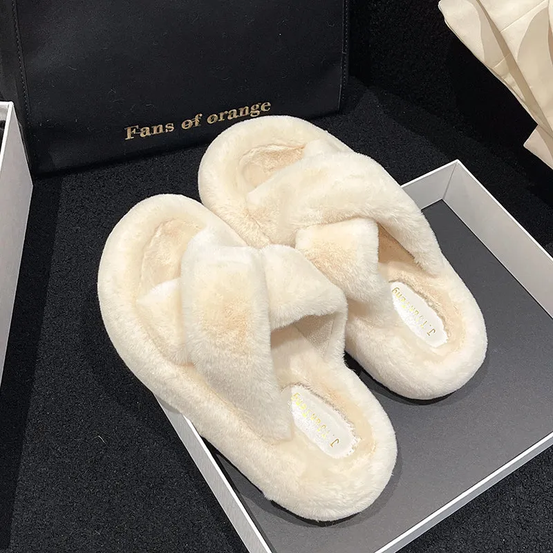 Non-slip Thick-sole Crossover Fuzzy Slippers