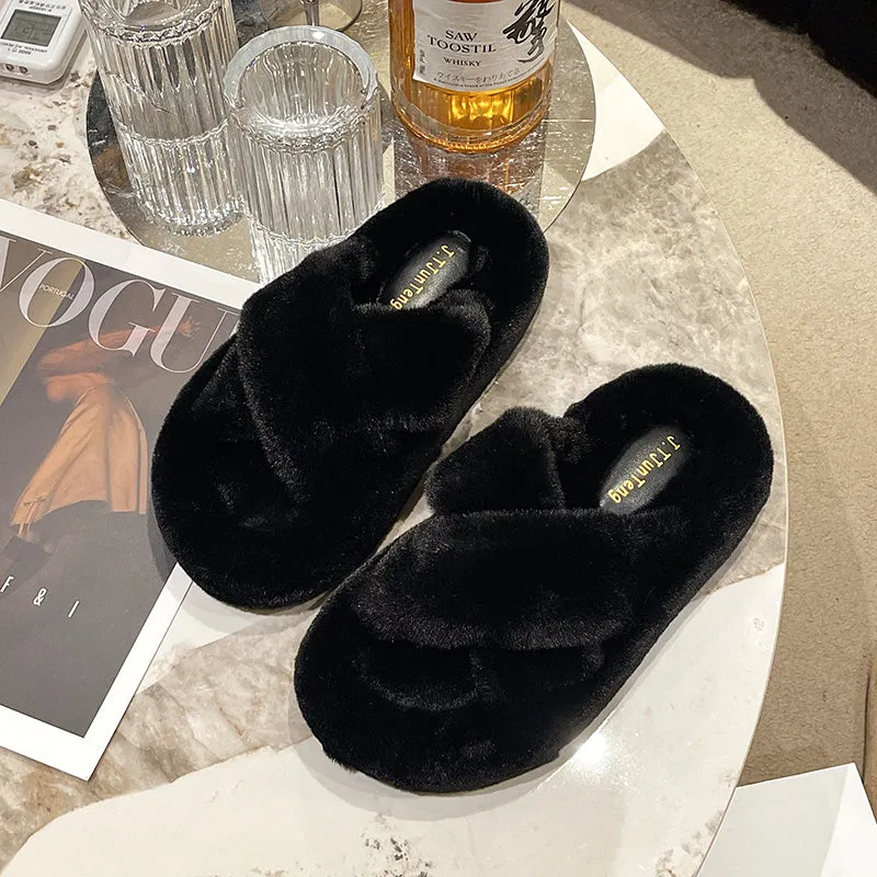 Non-slip Thick-sole Crossover Fuzzy Slippers
