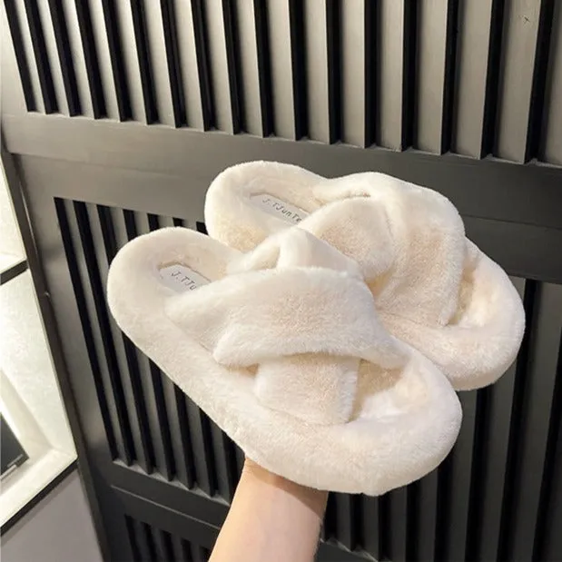 Non-slip Thick-sole Crossover Fuzzy Slippers