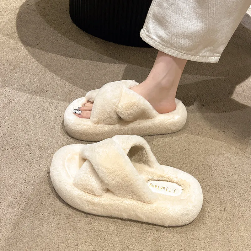Non-slip Thick-sole Crossover Fuzzy Slippers