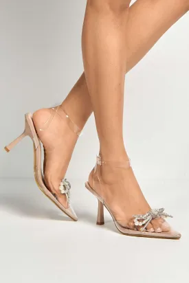 Orkide Diamante Bow and Pearl Detail Perspex Court Shoes in Nude Patent