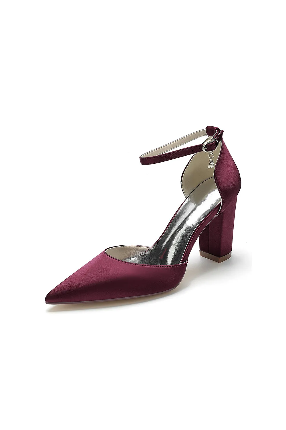 Simple Satin Pointed Toe Ankle Strap Chunky Heel