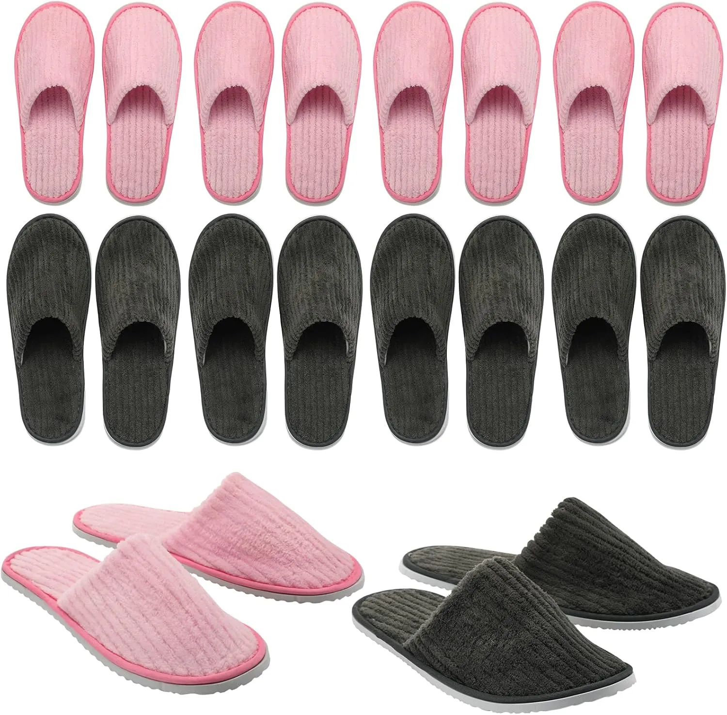 Zhehao 10 Pairs Washable House Slippers for Guests Open Toe Spa Slippers Women Men Soft Disposable Cotton Linen Hotel Bulk Non Slip Breathable for Indoor Travel Bedroom Party(Pink, Gray)